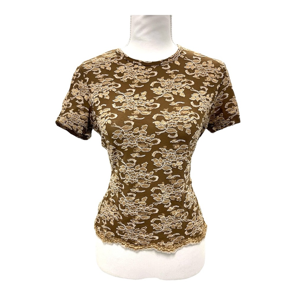 Vintage Y2k 90s Express Tricot Stretchy Nylon‎ Lace Print Short Sleeve Top fairy